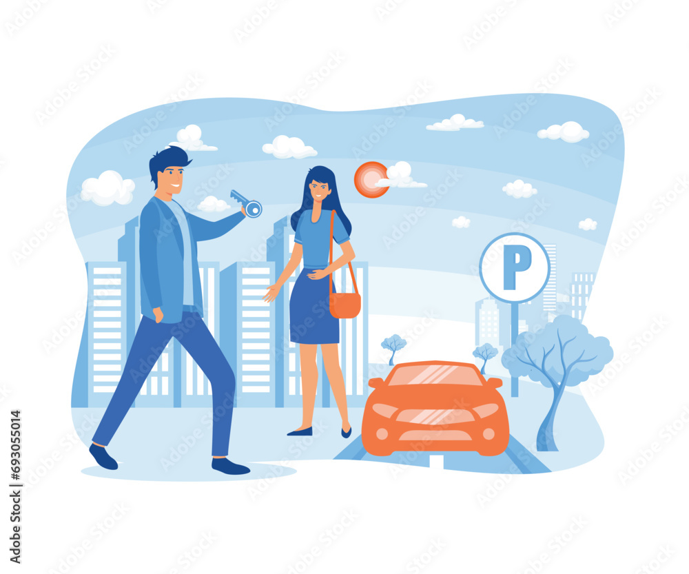 Hotel valet parking worker gets keys from client's car. flat vector modern illustration 