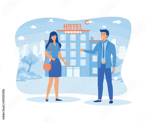Isolated hotel services set. The doorman smiled and welcomed guests. flat vector modern illustration 
