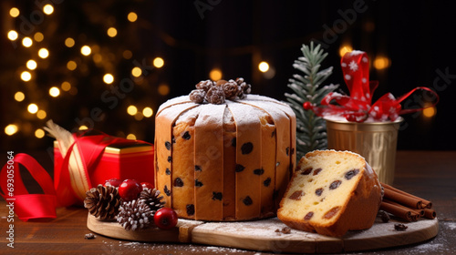 Panettone on a board with Merry Christmas tree, lights and a candle. Generative AI