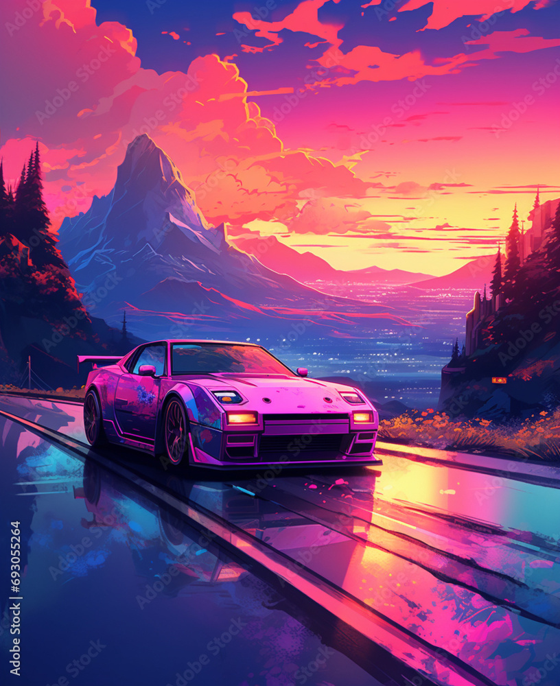 Experience the vibrancy of a neon-lit sports car in a vaporwave style, blending electric blues and pinks. A futuristic and dynamic automotive illustration Created using generative AI tools