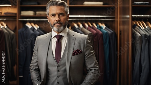 Mature gentleman in classic suit against row of suits in shop. Positive bearded mature man in suit looking at camera against wardrobe closet with stylish clothes