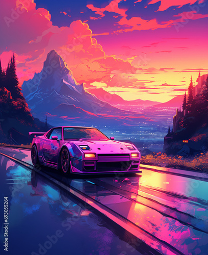 Experience the vibrancy of a neon-lit sports car in a vaporwave style, blending electric blues and pinks. A futuristic and dynamic automotive illustration Created using generative AI tools © Ivan cardona