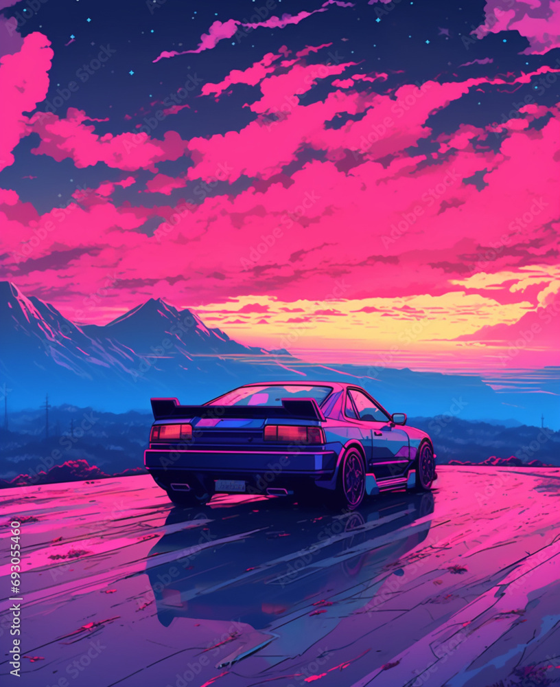 Experience the vibrancy of a neon-lit sports car in a vaporwave style, blending electric blues and pinks. A futuristic and dynamic automotive illustration Created using generative AI tools