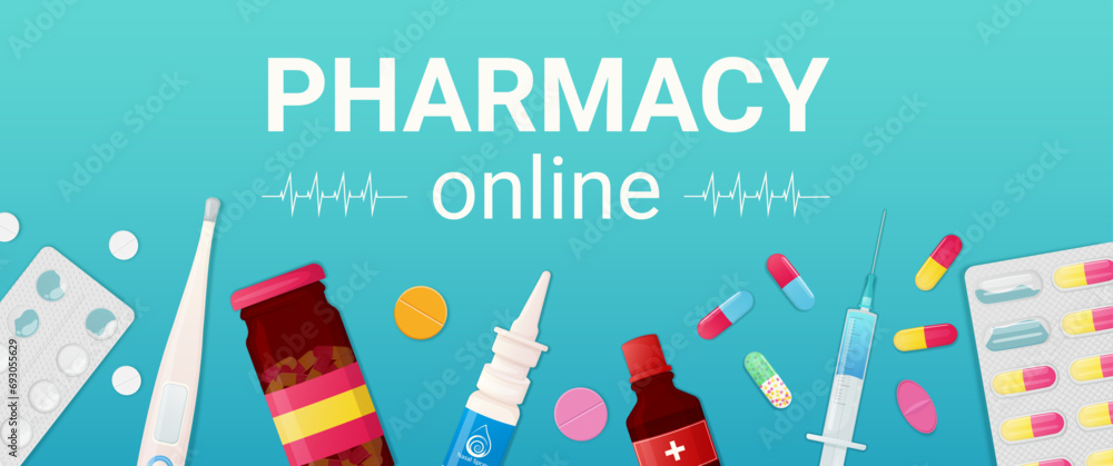 Online pharmacy web banner concept. Medical background with different drug  - obrazy, fototapety, plakaty 