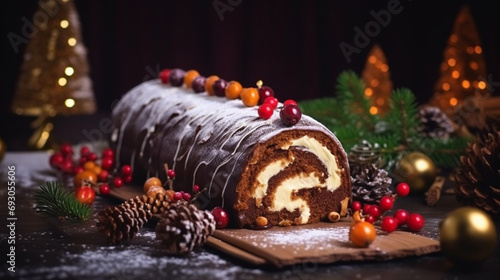 Traditional chocolate trunk cake or log cake on table with Christmas decorations. Generative AI photo