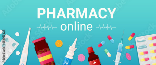 Online pharmacy web banner concept. Medical background with different drug 