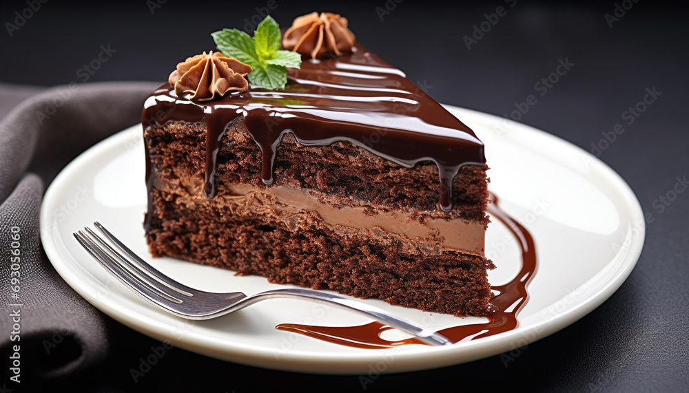 Indulgent slice of homemade chocolate cake with cream generated by AI Indulgent slice of homemade chocolate cake with cream generated by AI