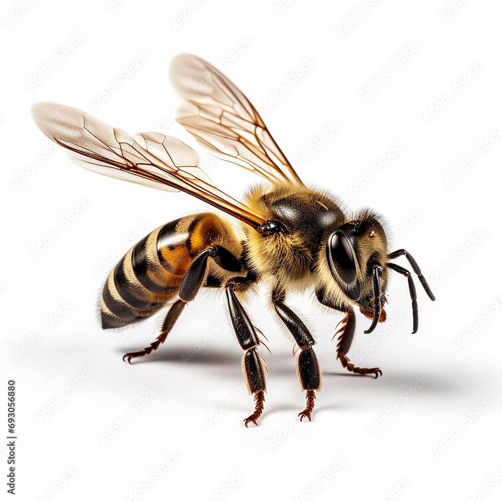 A natural bee is flying isolated on a white background A natural bee is flying isolated on a white background