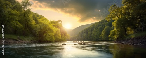 Riverside serenity. Tranquil landscape nature unveils beauty majestic river flowing through lush forest embraced by warmth of setting sun © Wuttichai