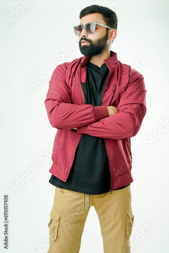 Handsome man in stylish jacket on white background