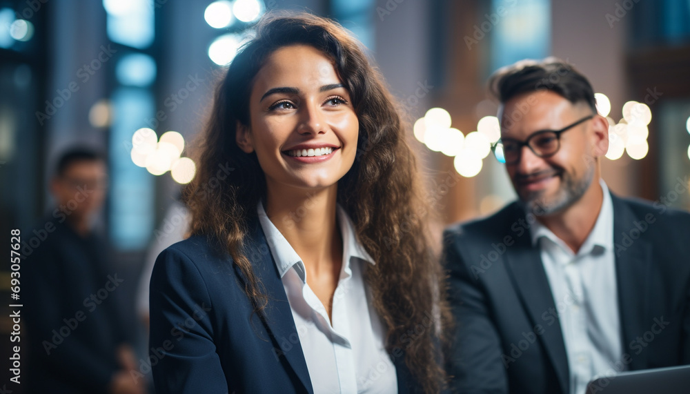Smiling businessmen and women in a successful team generated by AI Smiling businessmen and women in a successful team generated by AI