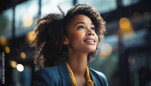 Young African American woman smiling confidently in her office generated by AI