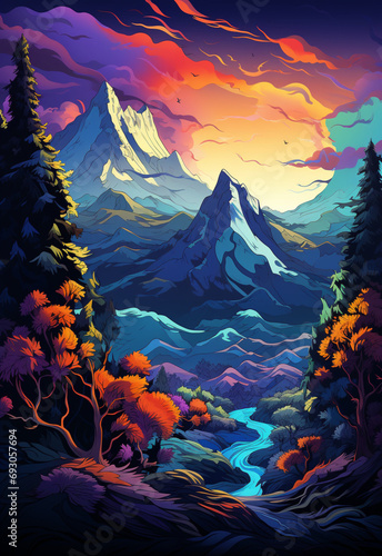 This captivating image showcases a sprawling, multicolored hill adorned with a diverse array of mountains and abundant natural scenery created using generative AI tools