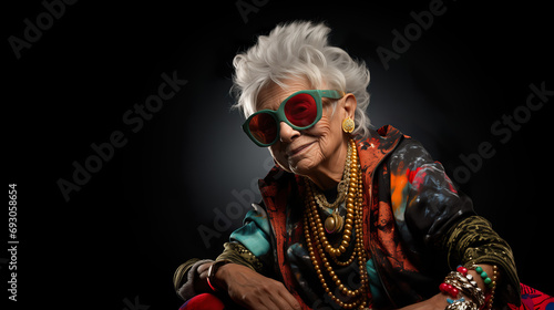 Crazy old granny with gold chain, watch and sunglasses, funny old woman with gray hair, expressive mature and happy smiling grandmother in colorful close-up portrait | Generative AI
