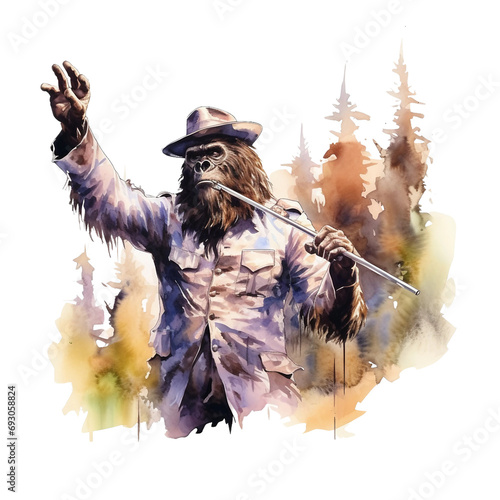 Watercolor bigfoot, yeti, png, Sasquatch Conductor: With conductor's baton and sheet music, bright image, watercolour style on white background