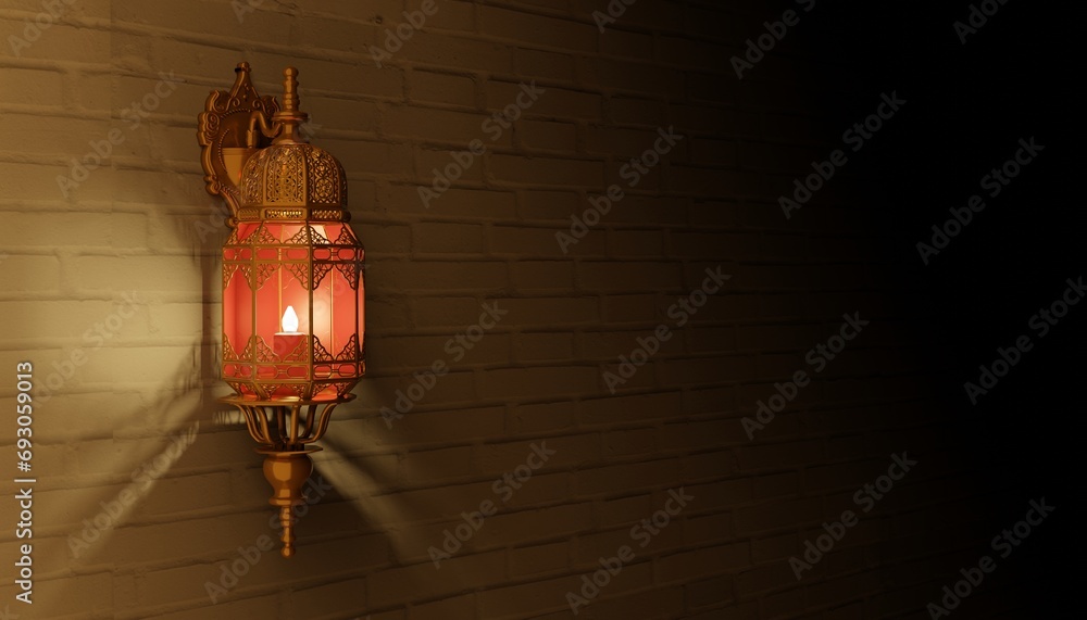 ramadan eid mubarak, gold lantern candle on the wall, banner background