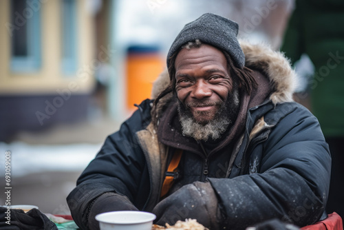 Portrait of smiling old African American homeless man sitting on street. Poverty, misery, bankruptcy, homelessness, crisis, social welfare concept photo