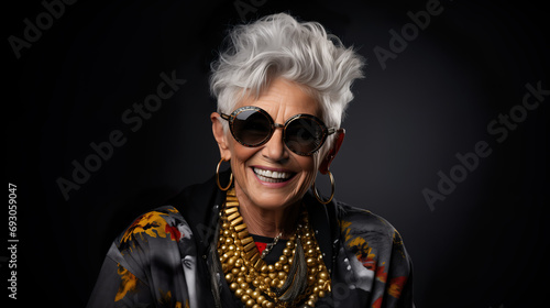Crazy old granny with gold chain, watch and sunglasses, funny old woman with gray hair, expressive mature and happy smiling grandmother in colorful close-up portrait | Generative AI