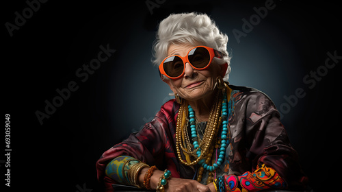 Crazy old granny with gold chain, watch and sunglasses, funny old woman with gray hair, expressive mature and happy smiling grandmother in colorful close-up portrait | Generative AI