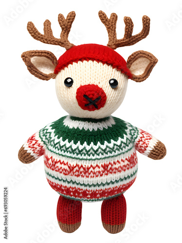 Cute reindeer, cloth doll, Christmas, make from knitting, dicut, isolated background. © Werayut