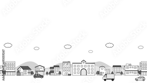 街並みに車が走るループアニメーション　背景　フラットイラスト　風景　住宅街