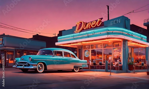 Vintage USA vibes: 60s outdoor dinner, neon signs, and cars
