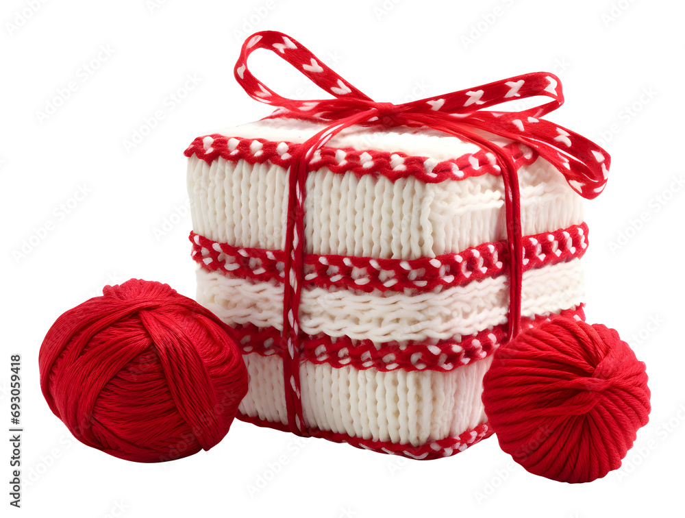 Cute Christmas gift box, presents make from knitting, dicut, isolated background Cute Christmas gift box, presents make from knitting, dicut, isolated background