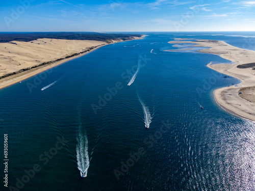 Aerial view of Dune of Pilat tallest sand dune in Europe located in La Teste-de-Buch in Arcachon Bay area, France southwest of Bordeaux along France's Atlantic coastline photo