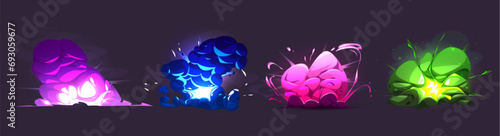 Explosion effects set isolated on background. Vector cartoon illustration of blue, pink, green, purple clouds of fire and smoke, bomb blast, magic power strike sparkles, alien attack, neon colors glow