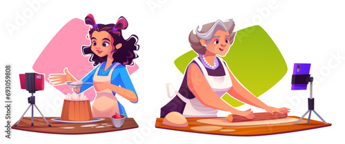 Female food bloggers cooking pastry on camera isolated on white background. Vector cartoon illustration of young and senior women streaming kitchen video, decorating cake and kneading dough on table