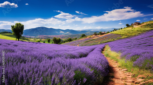 Picturesque lavender field with rows of purple blooms, Small path for visitors and gentle hill in background, AI Generated
