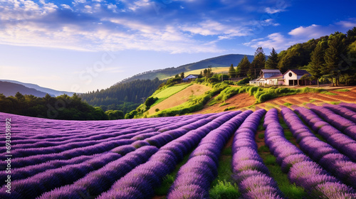 Picturesque lavender field with rows of purple blooms, Small path for visitors and gentle hill in background, AI Generated photo