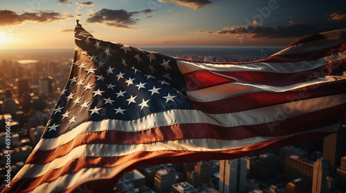 The American flag with city blurred background.