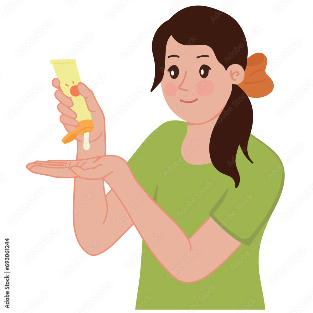 Portrait of woman using skincare holding squeezing lotion sunscreen tube vector illustration Portrait of woman using skincare holding squeezing lotion sunscreen tube vector illustration