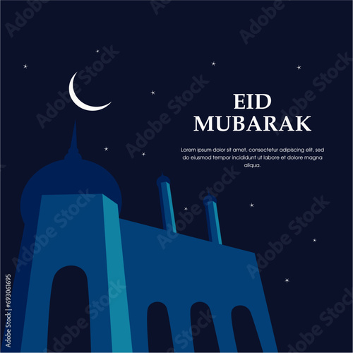Eid mubarak greetings social media post design. Islamic festival eid wish or greeting background design with stars, crescent, mosque minaret, sky. Eid ul adha mubarak vector illustration.