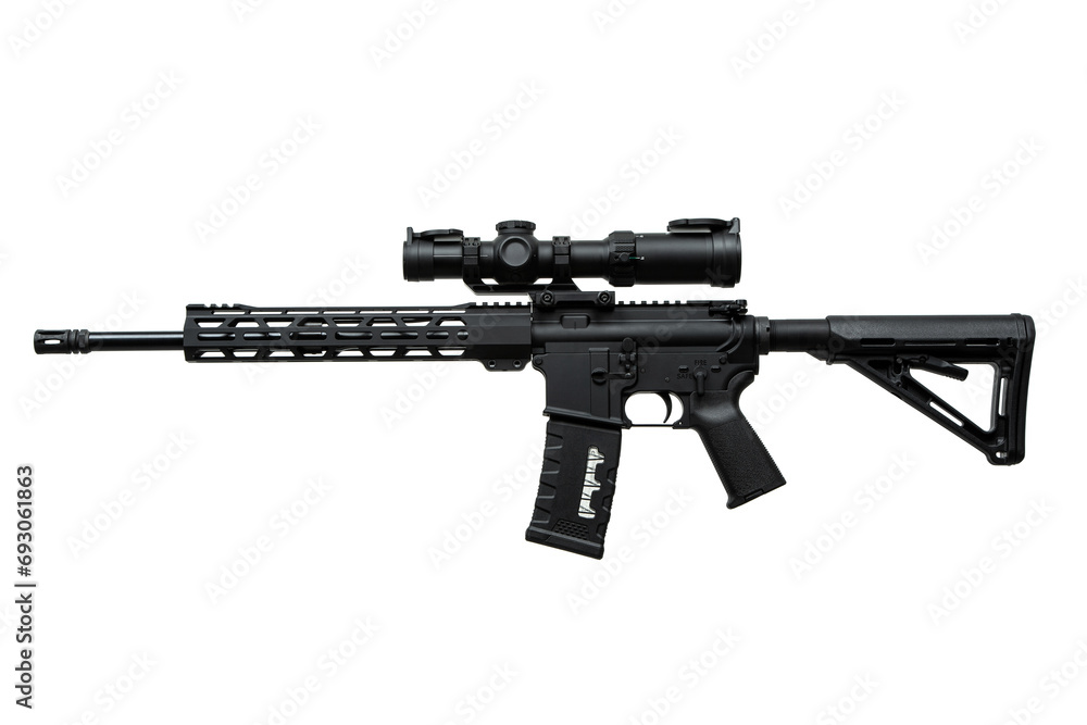 Modern automatic carbine with optical sight. Weapons for police, special forces and the army. Automatic carbine. Assault rifle on white back. Isolate on a white back Modern automatic carbine with optical sight. Weapons for police, special forces and the army. Automatic carbine. Assault rifle on white back. Isolate on a white back