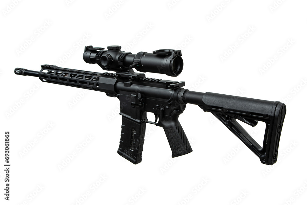 Modern automatic carbine with optical sight. Weapons for police, special forces and the army. Automatic carbine. Assault rifle on white back. Isolate on a white back Modern automatic carbine with optical sight. Weapons for police, special forces and the army. Automatic carbine. Assault rifle on white back. Isolate on a white back