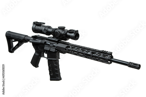Modern automatic carbine with optical sight. Weapons for police, special forces and the army. Automatic carbine. Assault rifle on white back. Isolate on a white back