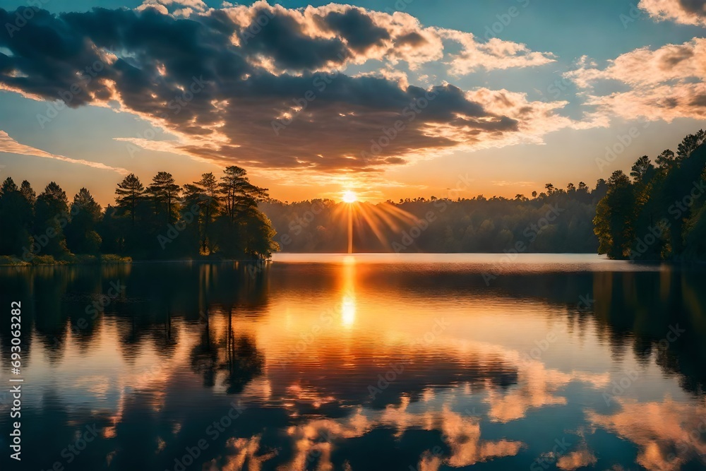 Breathtaking sunrise over a tranquil lake.