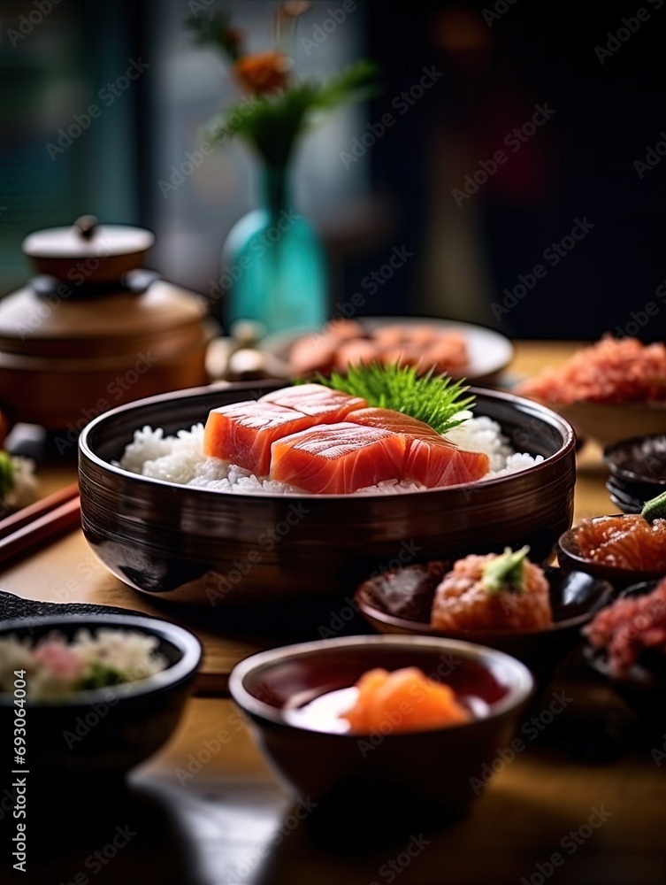 raw salmon sushi set on a japanese plate raw salmon sushi set on a japanese plate