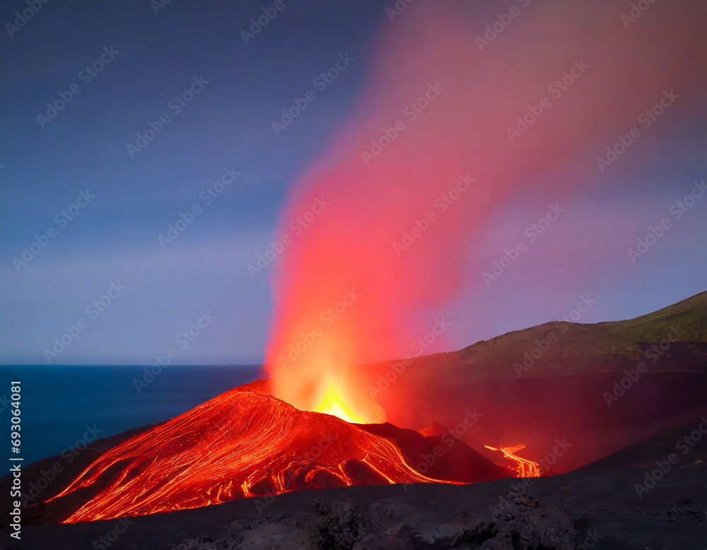 Volcanic lava eruption island night long exposure
