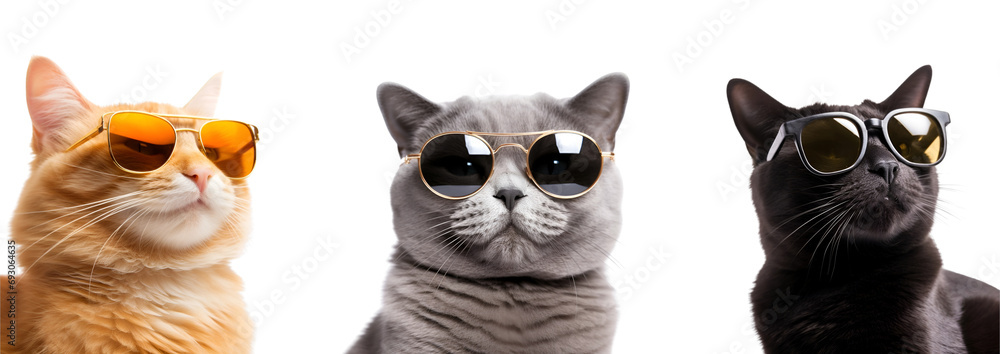 Fototapeta premium Set of cute cat wearing sunglasses: black, orange, and grey - charming and appealing cats, Isolated on Transparent Background, PNG