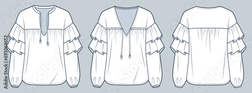 Women Ruffle Blouse technical fashion Illustration. Bohemian tie Blouse fashion flat technical drawing template, v-neck, balloon long sleeve, front and back view, white, women Top CAD mockup set..