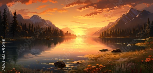 A tranquil lake reflecting a breathtaking sunset, surrounded by lush greenery and bathed in warm golden hues.