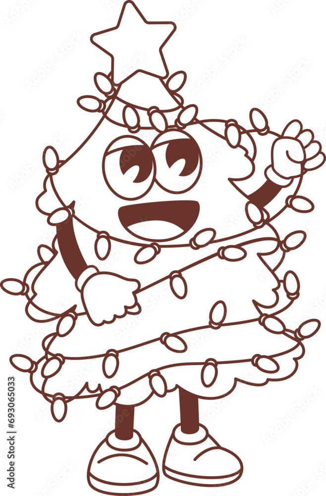 Fototapeta premium Groovy Christmas Tree character vector illustration. Cartoon monochrome psychedelic retro sticker of Christmas fir mascot with happy trippy face, funny arms and legs, star and festive garland