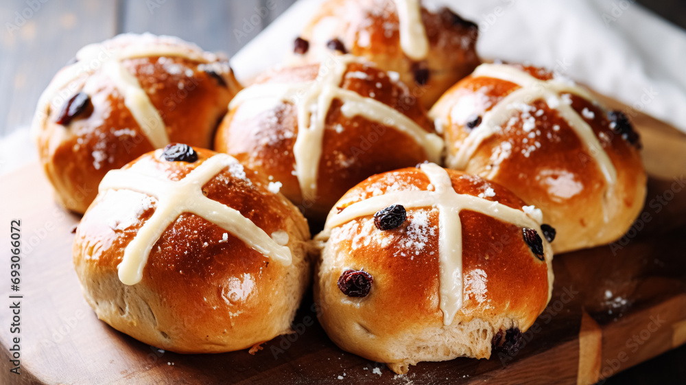 Hot cross buns in English country cottage, Good Friday, religious holiday and british cuisine recipe