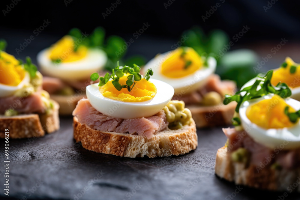 Delicious canapes with tuna and egg on the plate close up Delicious canapes with tuna and egg on the plate close up