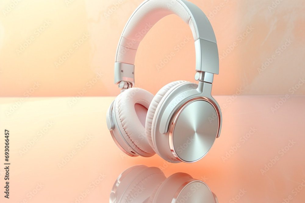 Stylish pastel peach and silver headphones on a textured background Stylish pastel peach and silver headphones on a textured background