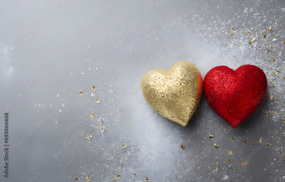 two red hearts shape and golden glitter on grey snowy background top view