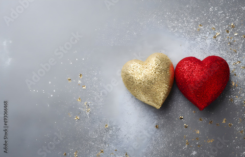 two red hearts shape and golden glitter on grey snowy background top view